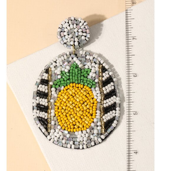 Beaded Pineapple Circle Drop Seed Beaded Tropical Fruit Statement Earrings NEW - Picture 3 of 3